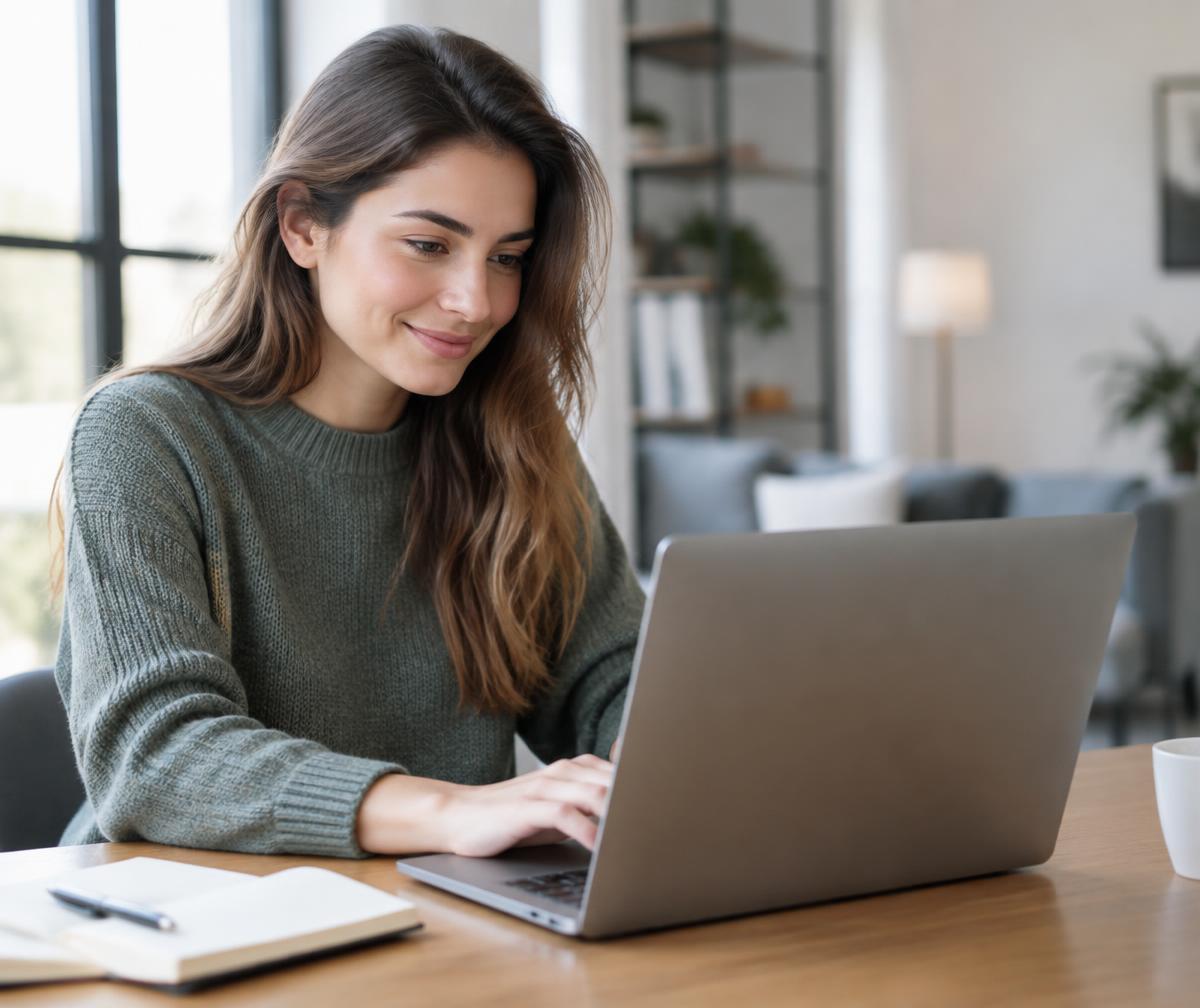 Estudiante universitaria trabajando con un portátil en un espacio moderno