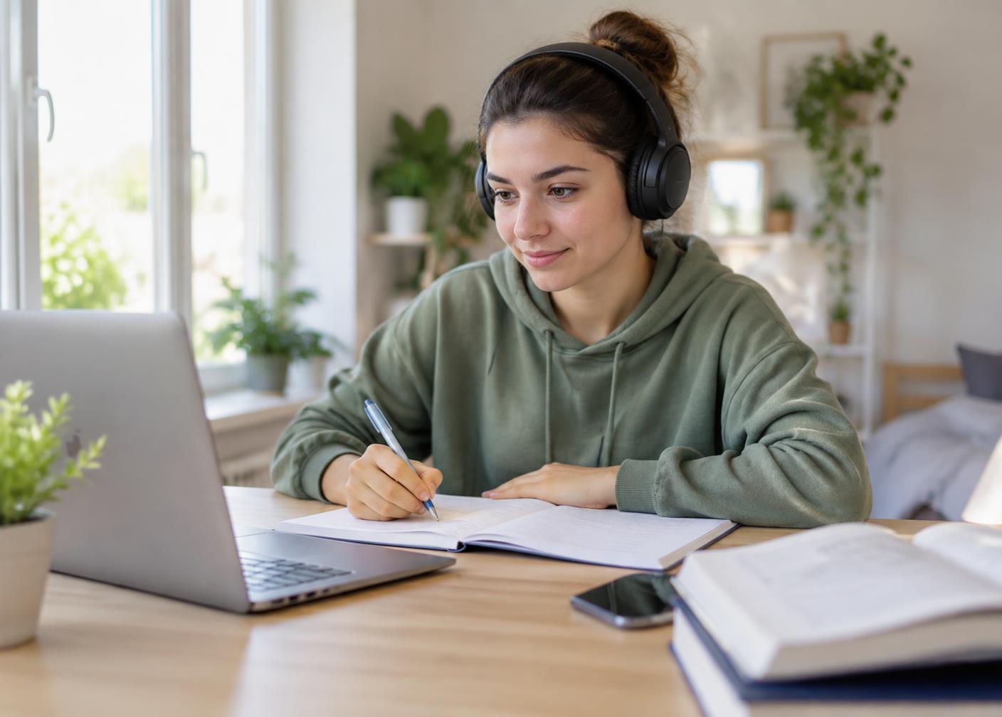 Estudiante preparando un examen de inglés con portátil, cuaderno y auriculares